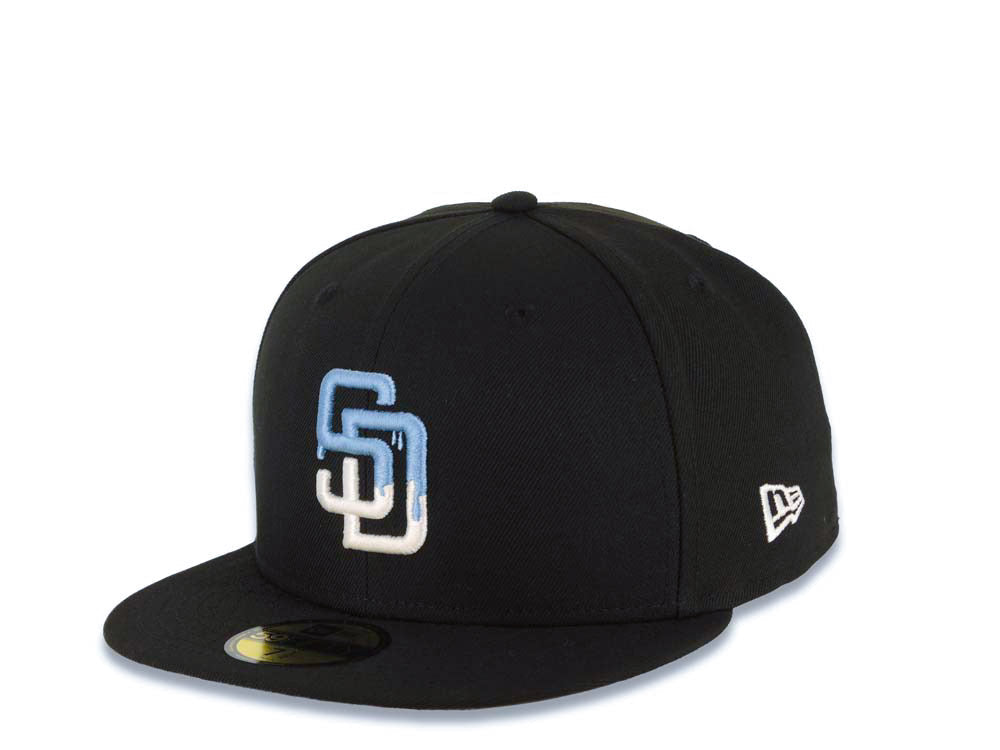 San Diego Padres New Era MLB 59FIFTY 5950 Fitted Cap Hat Black Crown/Visor White/Sky Blue Drip Paint Logo 20th Anniversary Petcopark Side Patch Gray UV
