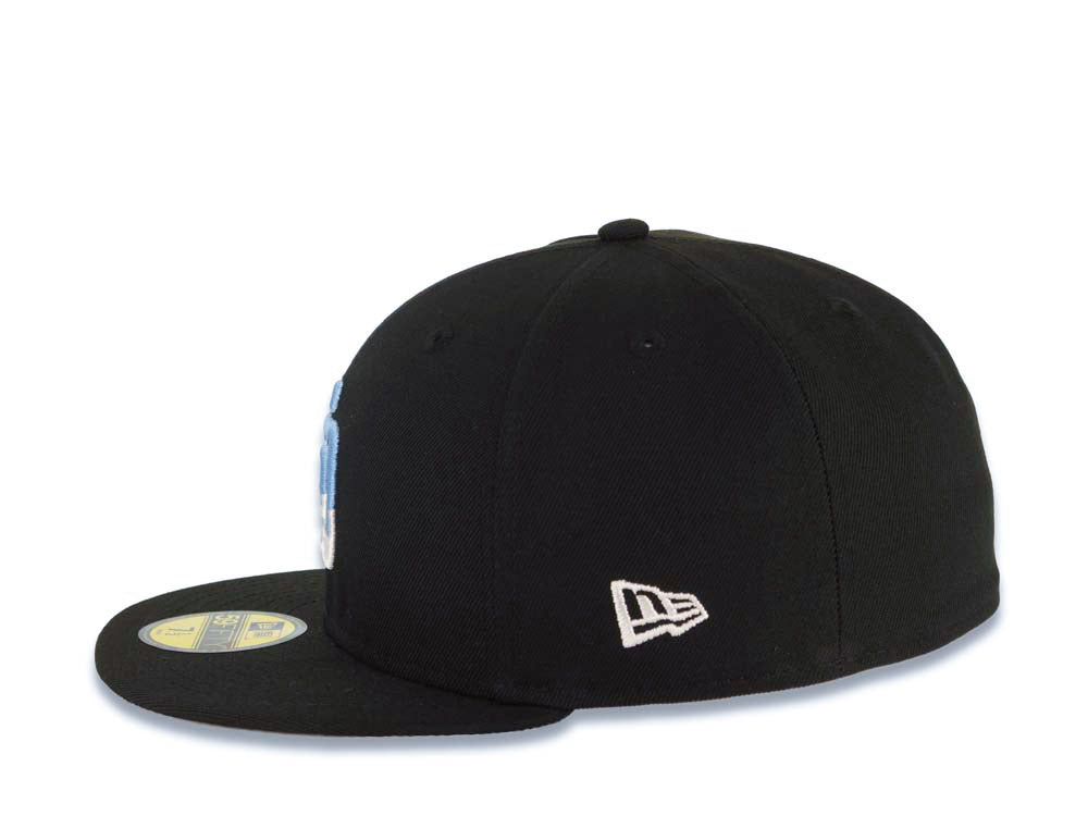 San Diego Padres New Era MLB 59FIFTY 5950 Fitted Cap Hat Black Crown/Visor White/Sky Blue Drip Paint Logo 20th Anniversary Petcopark Side Patch Gray UV