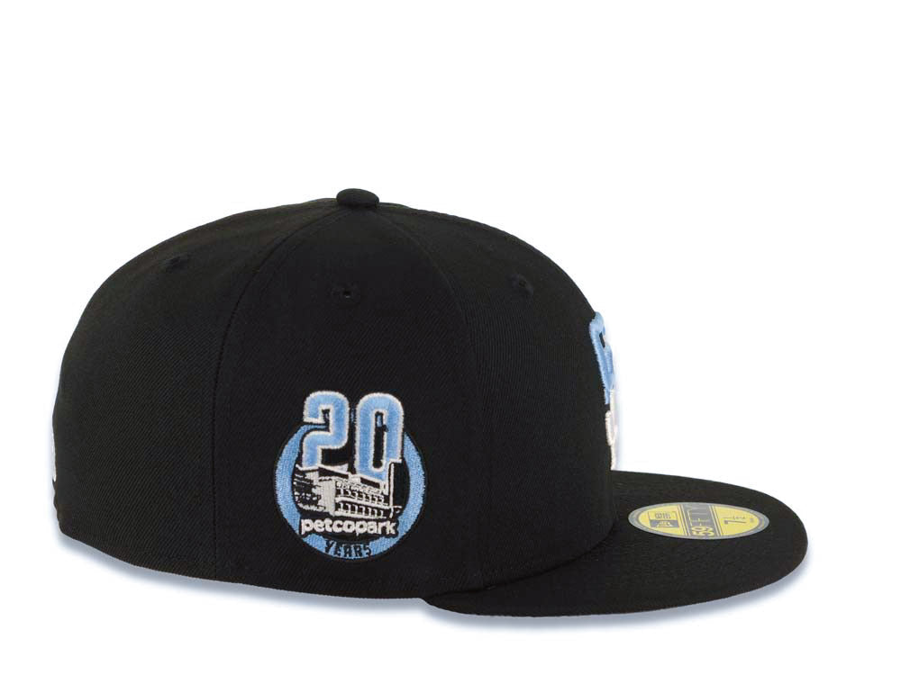 San Diego Padres New Era MLB 59FIFTY 5950 Fitted Cap Hat Black Crown/Visor White/Sky Blue Drip Paint Logo 20th Anniversary Petcopark Side Patch Gray UV