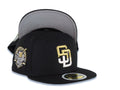 (Youth) San Diego Padres New Era MLB 59FIFTY 5950 Kid Fitted Cap Hat Black Crown/Visor White/Metallic Gold Drip Paint Logo 40th Anniversary Side Patch