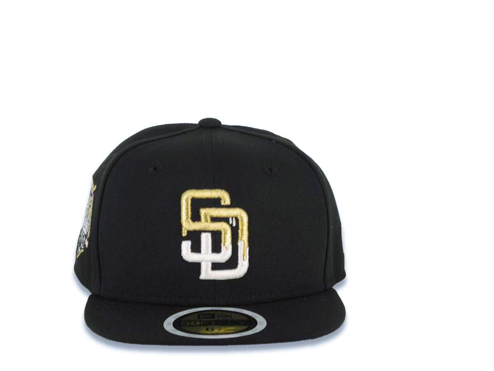 (Youth) San Diego Padres New Era MLB 59FIFTY 5950 Kid Fitted Cap Hat Black Crown/Visor White/Metallic Gold Drip Paint Logo 40th Anniversary Side Patch