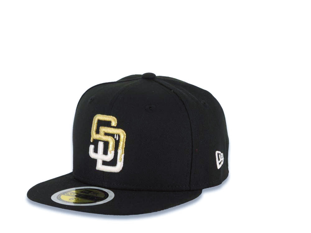 (Youth) San Diego Padres New Era MLB 59FIFTY 5950 Kid Fitted Cap Hat Black Crown/Visor White/Metallic Gold Drip Paint Logo 40th Anniversary Side Patch