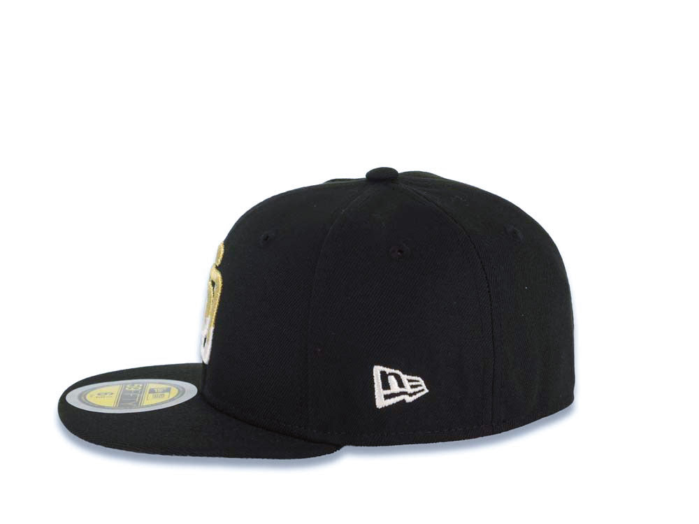 (Youth) San Diego Padres New Era MLB 59FIFTY 5950 Kid Fitted Cap Hat Black Crown/Visor White/Metallic Gold Drip Paint Logo 40th Anniversary Side Patch
