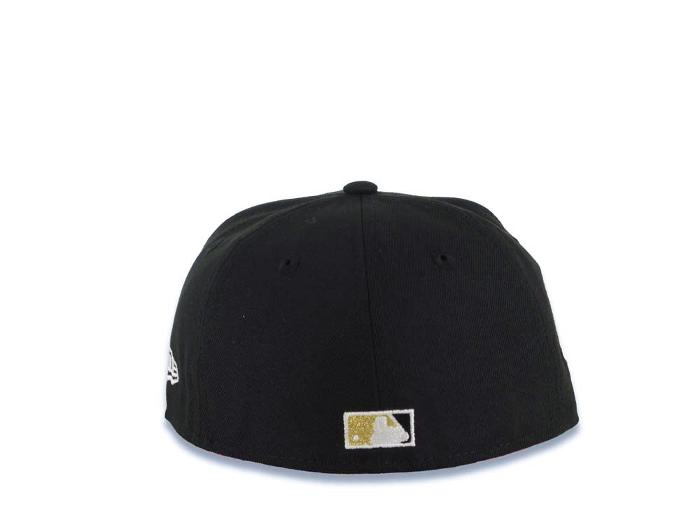 (Youth) San Diego Padres New Era MLB 59FIFTY 5950 Kid Fitted Cap Hat Black Crown/Visor White/Metallic Gold Drip Paint Logo 40th Anniversary Side Patch