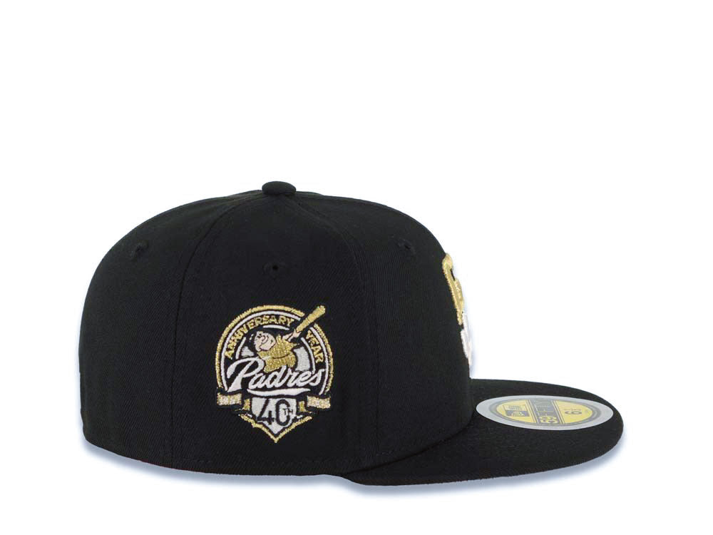 (Youth) San Diego Padres New Era MLB 59FIFTY 5950 Kid Fitted Cap Hat Black Crown/Visor White/Metallic Gold Drip Paint Logo 40th Anniversary Side Patch