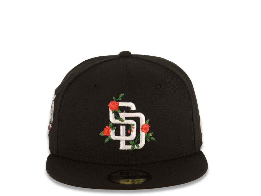 San Diego Padres New Era MLB 59FIFTY 5950 Fitted Cap Hat Black Crown/Visor White Logo With Rose 40th Anniversary Side Patch Gray UV
