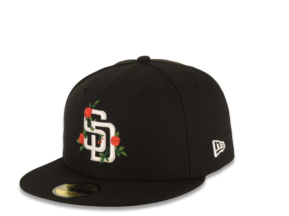 San Diego Padres New Era MLB 59FIFTY 5950 Fitted Cap Hat Black Crown/Visor White Logo With Rose 40th Anniversary Side Patch Gray UV