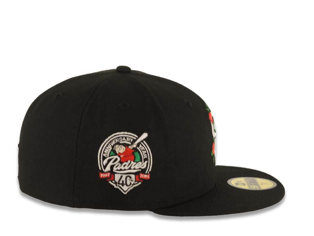 San Diego Padres New Era MLB 59FIFTY 5950 Fitted Cap Hat Black Crown/Visor White Logo With Rose 40th Anniversary Side Patch Gray UV