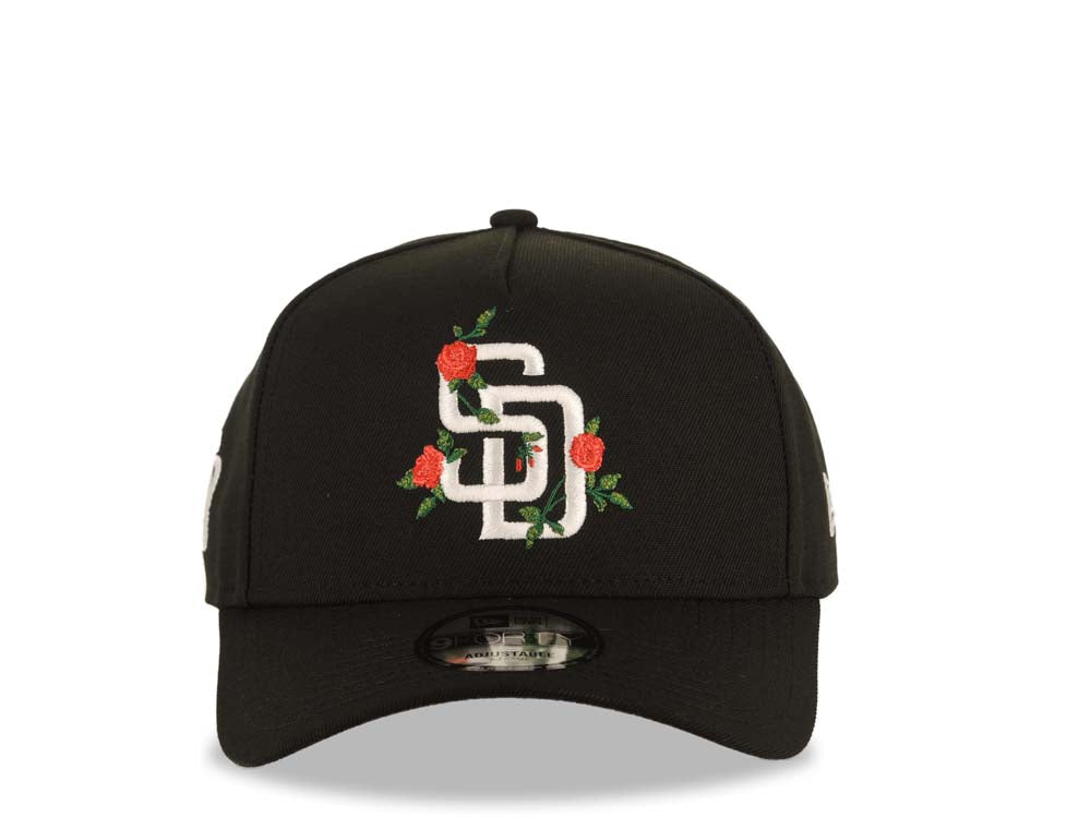 San Diego Padres New Era MLB 9FORTY 940 Adjustable A-Frame Cap Hat Black Crown/Visor White Logo With Rose Gray UV