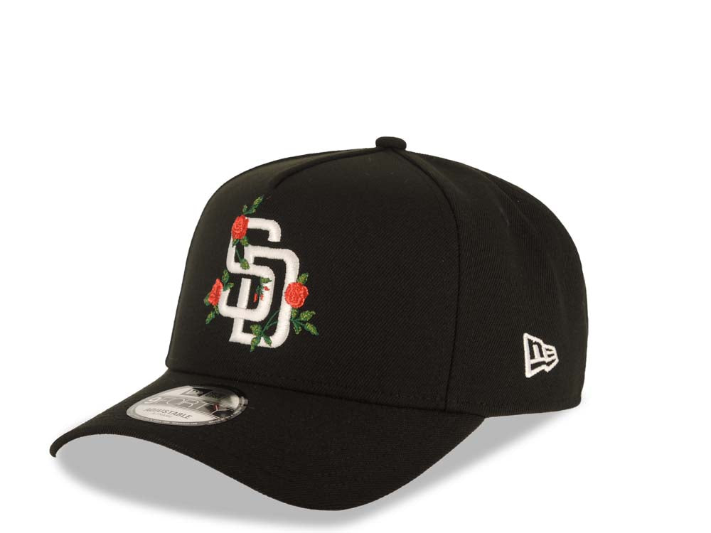San Diego Padres New Era MLB 9FORTY 940 Adjustable A-Frame Cap Hat Black Crown/Visor White Logo With Rose Gray UV