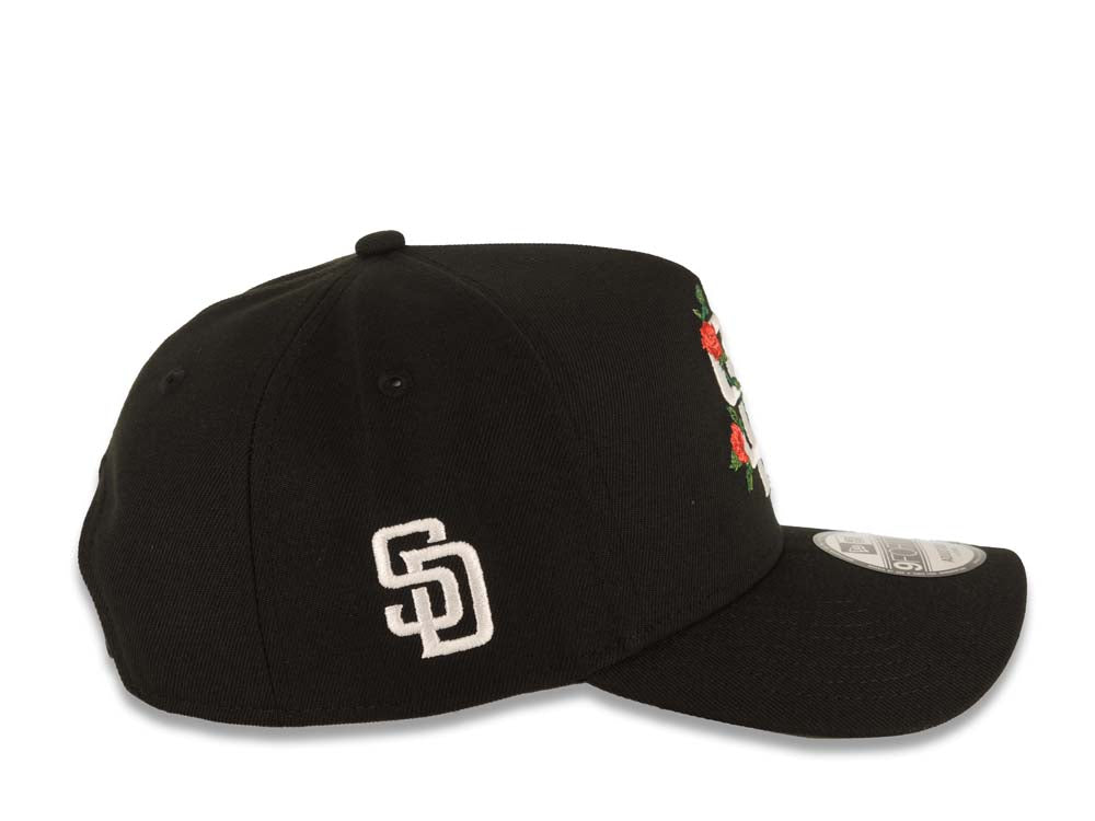 San Diego Padres New Era MLB 9FORTY 940 Adjustable A-Frame Cap Hat Black Crown/Visor White Logo With Rose Gray UV
