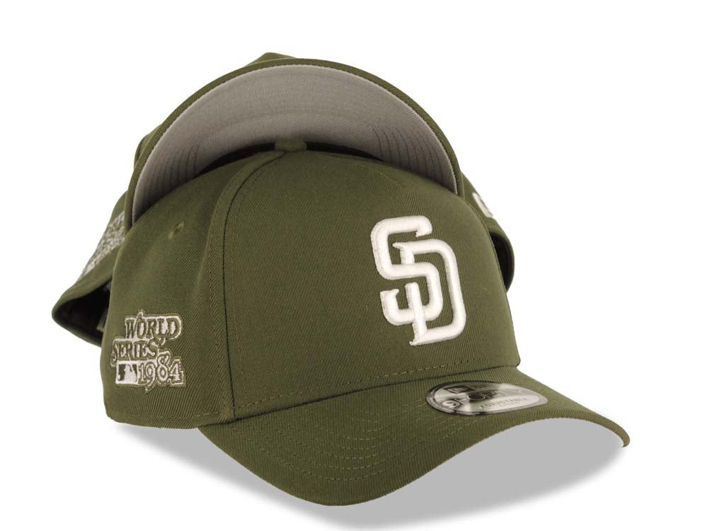 San Diego Padres New Era MLB 9FORTY 940 Adjustable A-Frame Cap Hat Olive Green Crown/Visor White Logo 1984 World Series Side Patch Gray UV