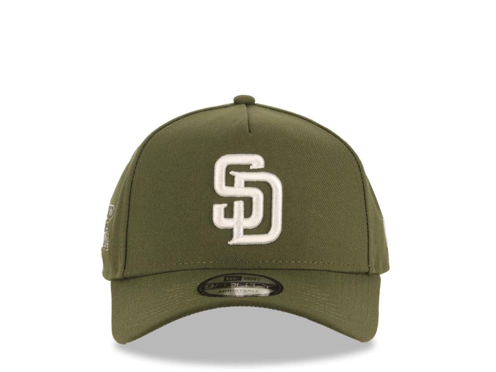 San Diego Padres New Era MLB 9FORTY 940 Adjustable A-Frame Cap Hat Olive Green Crown/Visor White Logo 1984 World Series Side Patch Gray UV