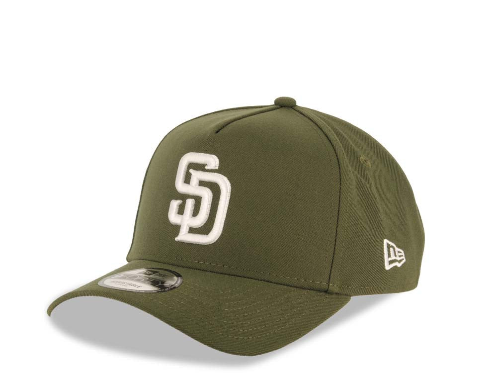 San Diego Padres New Era MLB 9FORTY 940 Adjustable A-Frame Cap Hat Olive Green Crown/Visor White Logo 1984 World Series Side Patch Gray UV