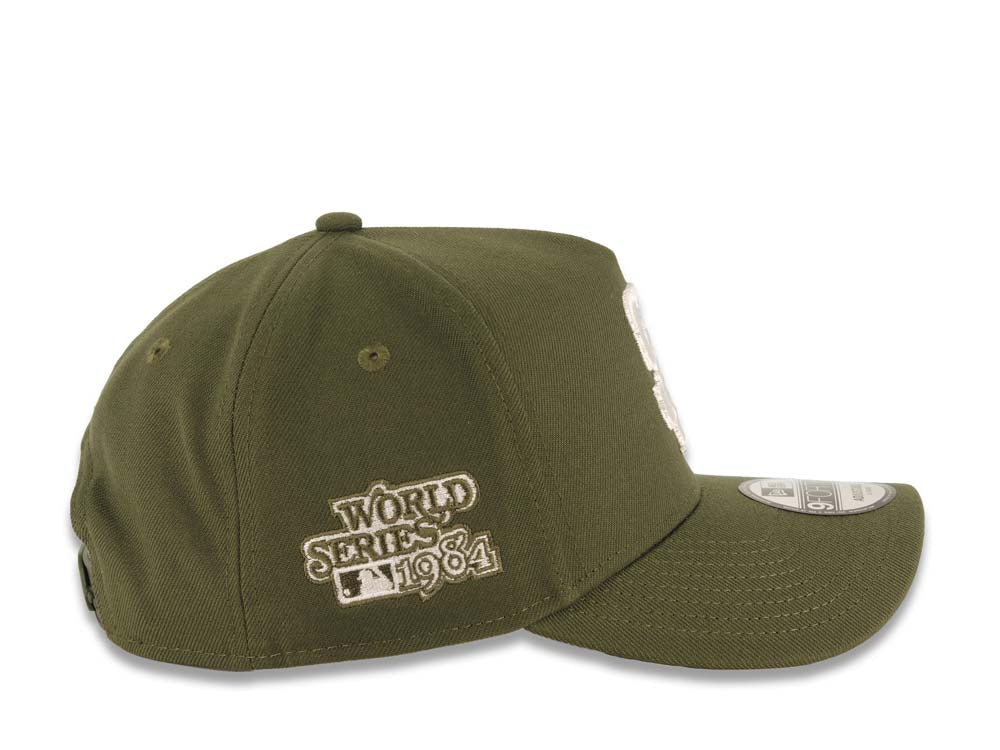 San Diego Padres New Era MLB 9FORTY 940 Adjustable A-Frame Cap Hat Olive Green Crown/Visor White Logo 1984 World Series Side Patch Gray UV