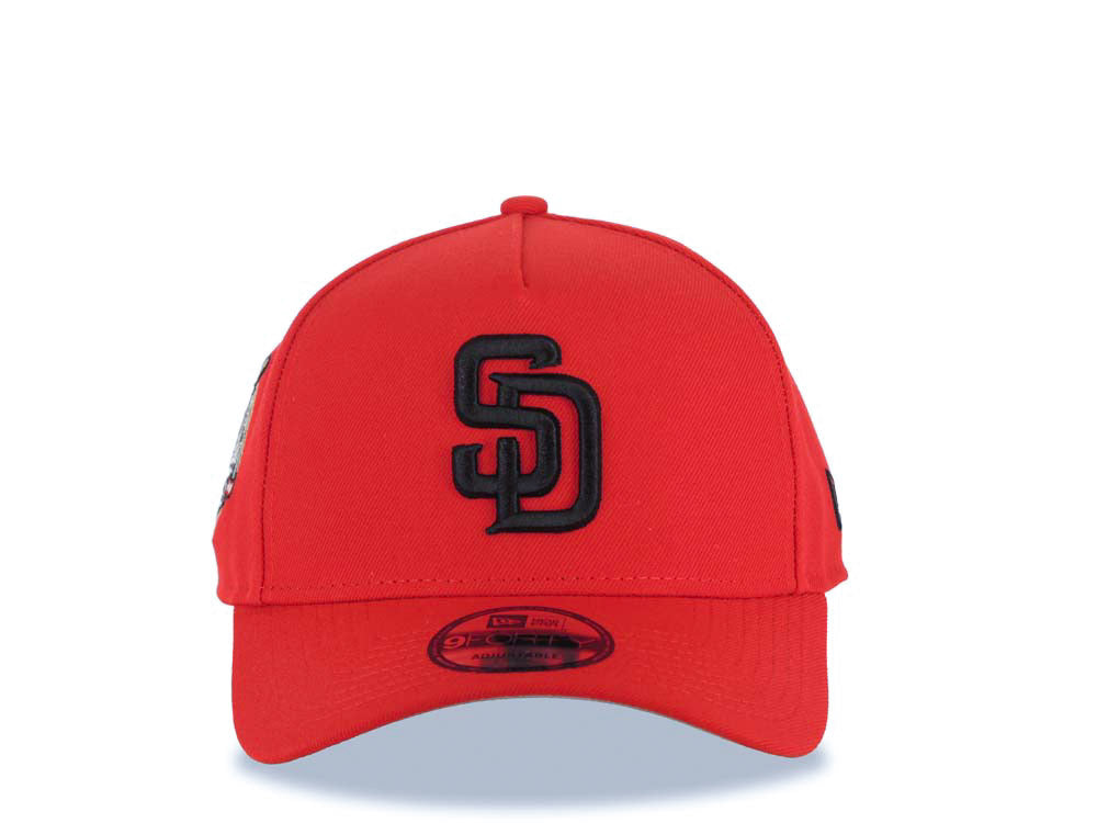 San Diego Padres New Era MLB 9FORTY 940 Adjustable A-Frame Cap Hat Red Crown/Visor Black Logo 40th Anniversary Side Patch Gray UV