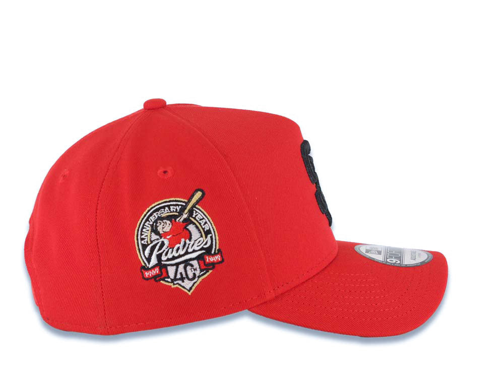 San Diego Padres New Era MLB 9FORTY 940 Adjustable A-Frame Cap Hat Red Crown/Visor Black Logo 40th Anniversary Side Patch Gray UV