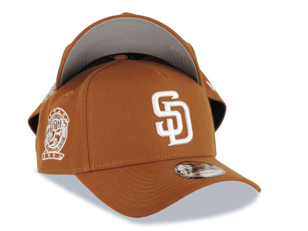 San Diego Padres New Era MLB 9FORTY 940 Adjustable A-Frame Cap Hat Brown Crown/Visor White Logo 25th Anniversary Side Patch Gray UV