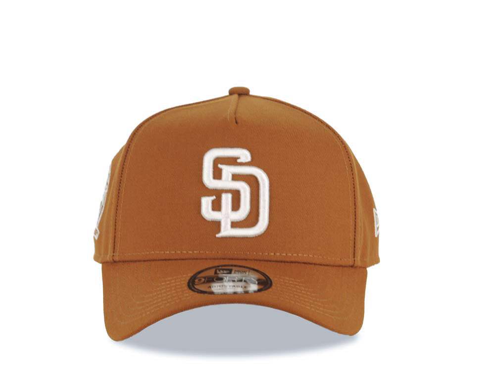 San Diego Padres New Era MLB 9FORTY 940 Adjustable A-Frame Cap Hat Brown Crown/Visor White Logo 25th Anniversary Side Patch Gray UV
