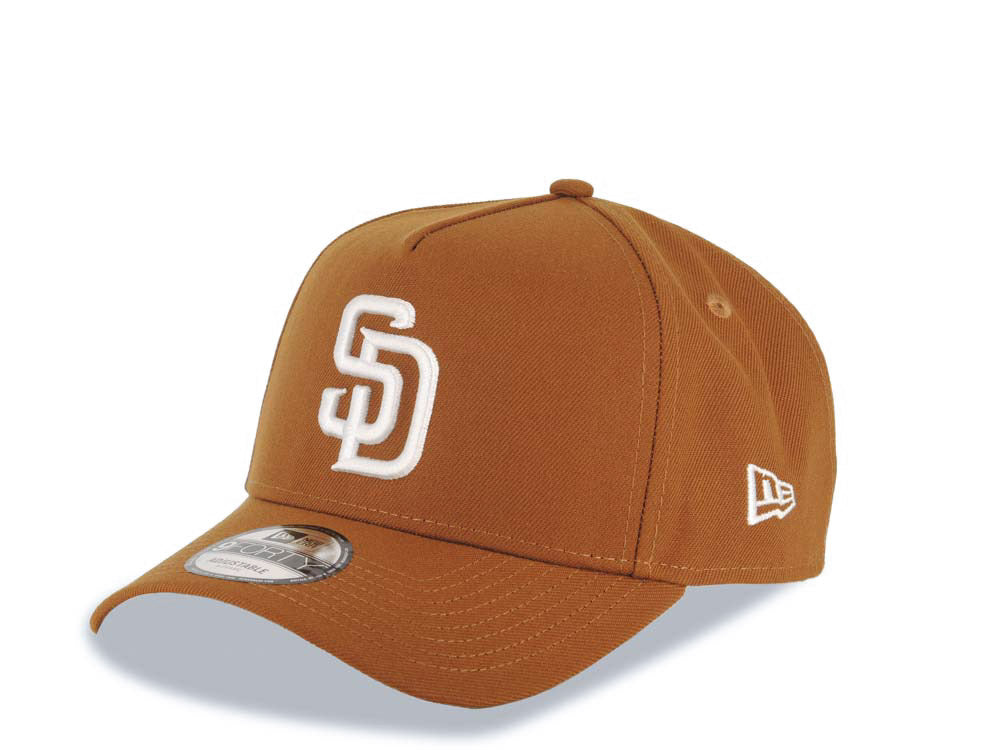 San Diego Padres New Era MLB 9FORTY 940 Adjustable A-Frame Cap Hat Brown Crown/Visor White Logo 25th Anniversary Side Patch Gray UV