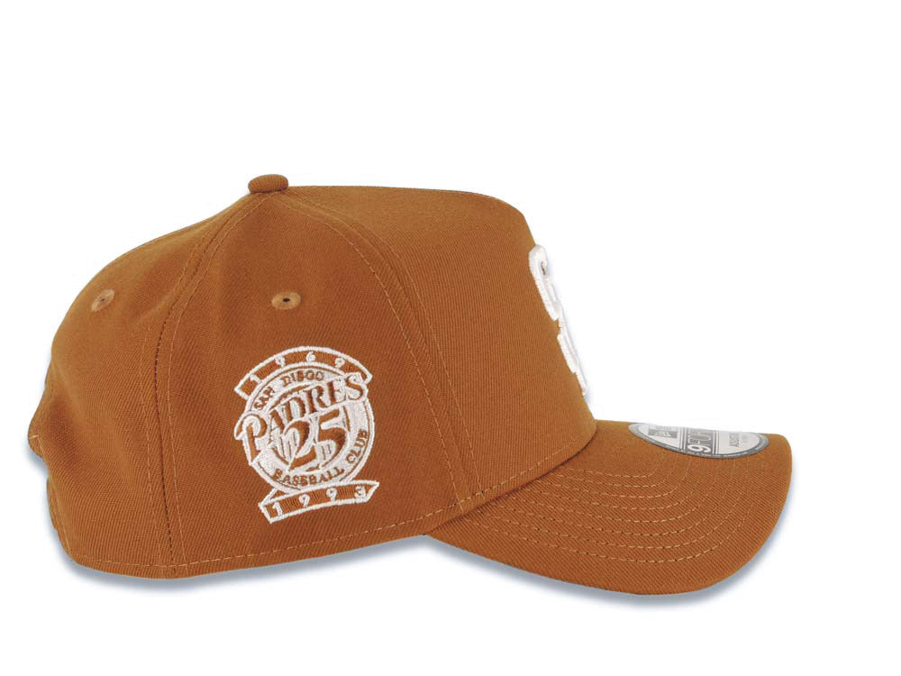 San Diego Padres New Era MLB 9FORTY 940 Adjustable A-Frame Cap Hat Brown Crown/Visor White Logo 25th Anniversary Side Patch Gray UV