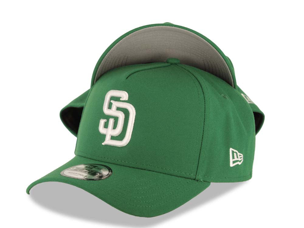 San Diego Padres New Era MLB 9FORTY 940 Adjustable A-Frame Cap Hat Green Crown/Visor White Logo Gray UV