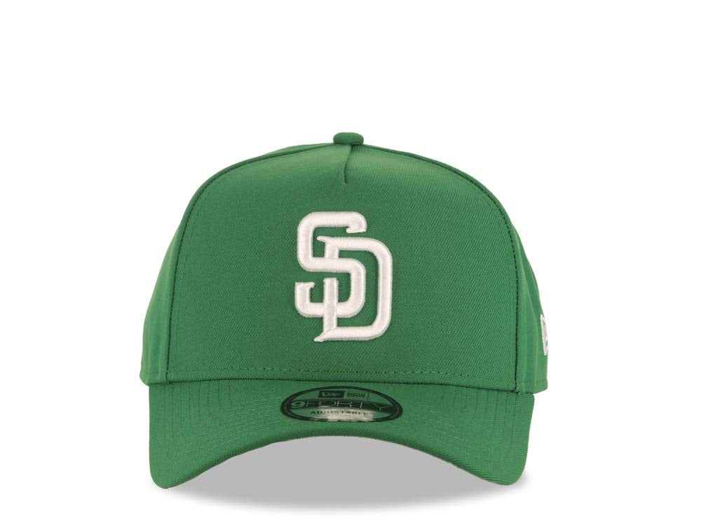 San Diego Padres New Era MLB 9FORTY 940 Adjustable A-Frame Cap Hat Green Crown/Visor White Logo Gray UV