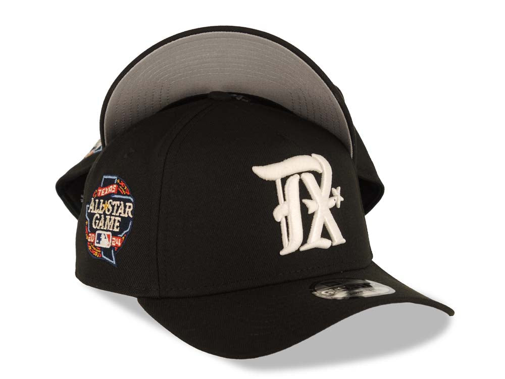 Texas Rangers New Era 9FORTY 940 Adjustable A-Frame Cap Hat Black Crown/Visor White Logo 2024 All Star Game Side Patch Gray UV