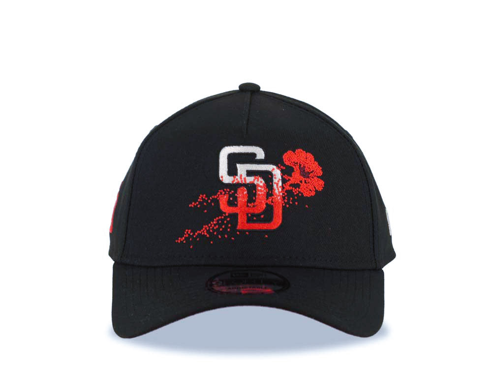 San Diego Padres New Era MLB 9FORTY 940 Adjustable A-Frame Cap Hat Black Crown/Visor White/Red Logo With Dotted Flower Red UV