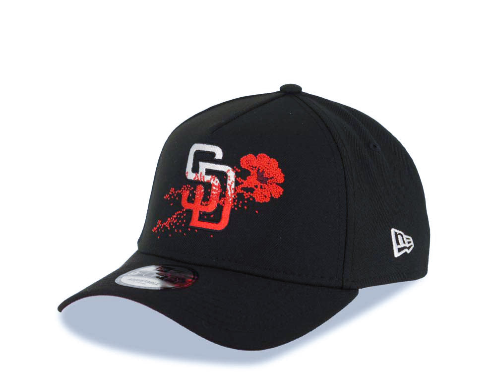 San Diego Padres New Era MLB 9FORTY 940 Adjustable A-Frame Cap Hat Black Crown/Visor White/Red Logo With Dotted Flower Red UV