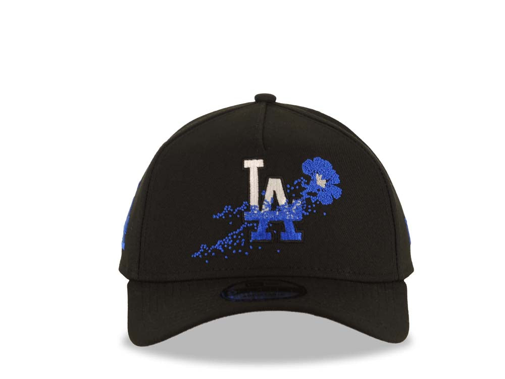 Los Angeles Dodgers New Era MLB 9FORTY 940 Adjustable A-Frame Cap Hat Black Crown/Visor White/Blue Logo With Dotted Flower Gray UV