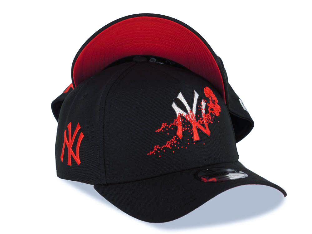 New York Yankees New Era MLB 9FORTY 940 Adjustable A-Frame Cap Hat Black Crown/Visor White/Red Logo With Dotted Flower Red UV