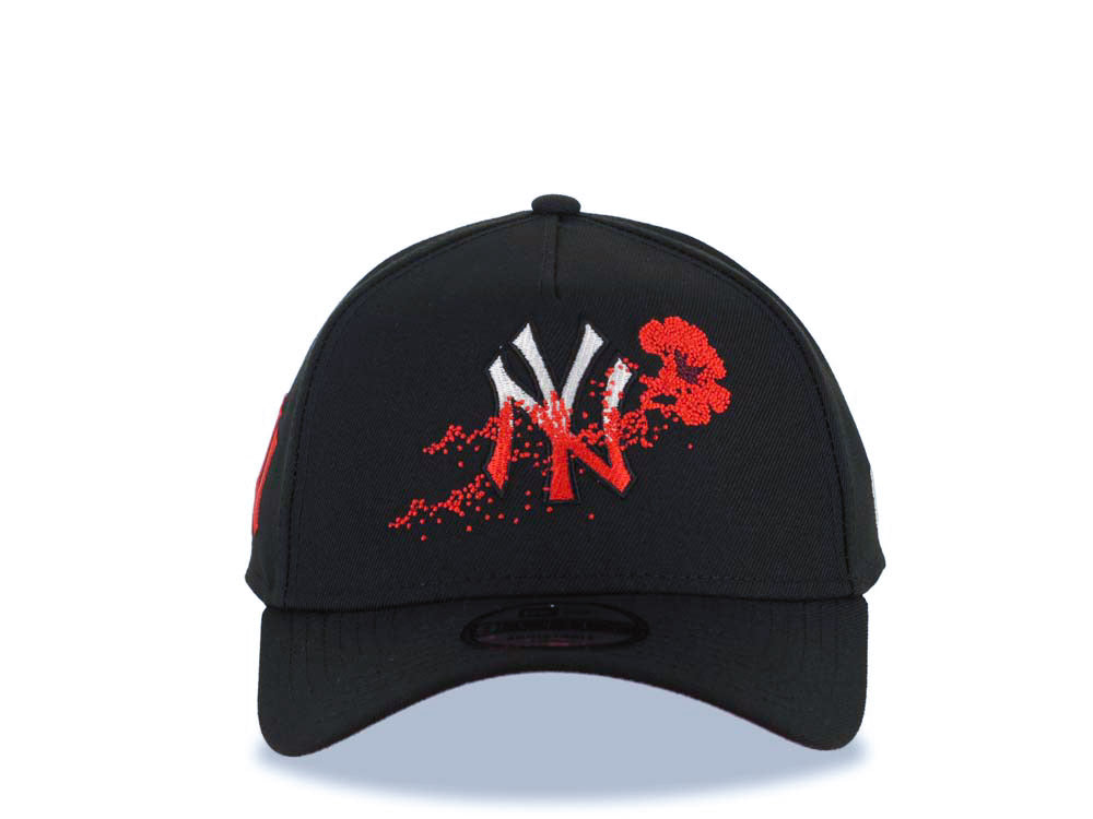 New York Yankees New Era MLB 9FORTY 940 Adjustable A-Frame Cap Hat Black Crown/Visor White/Red Logo With Dotted Flower Red UV