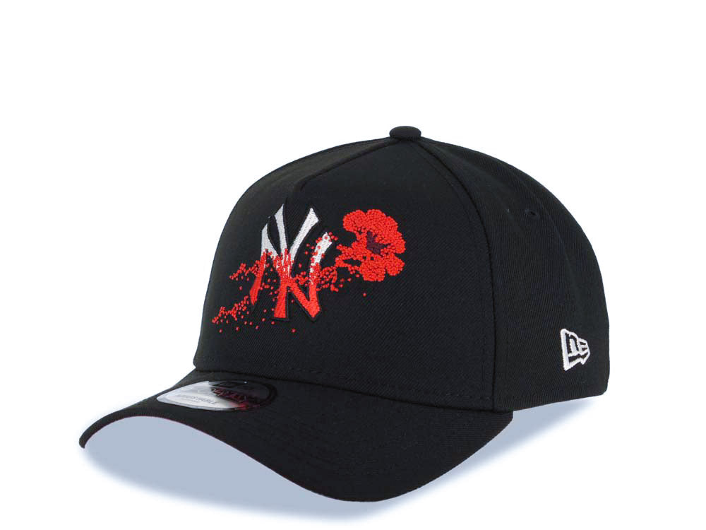 New York Yankees New Era MLB 9FORTY 940 Adjustable A-Frame Cap Hat Black Crown/Visor White/Red Logo With Dotted Flower Red UV