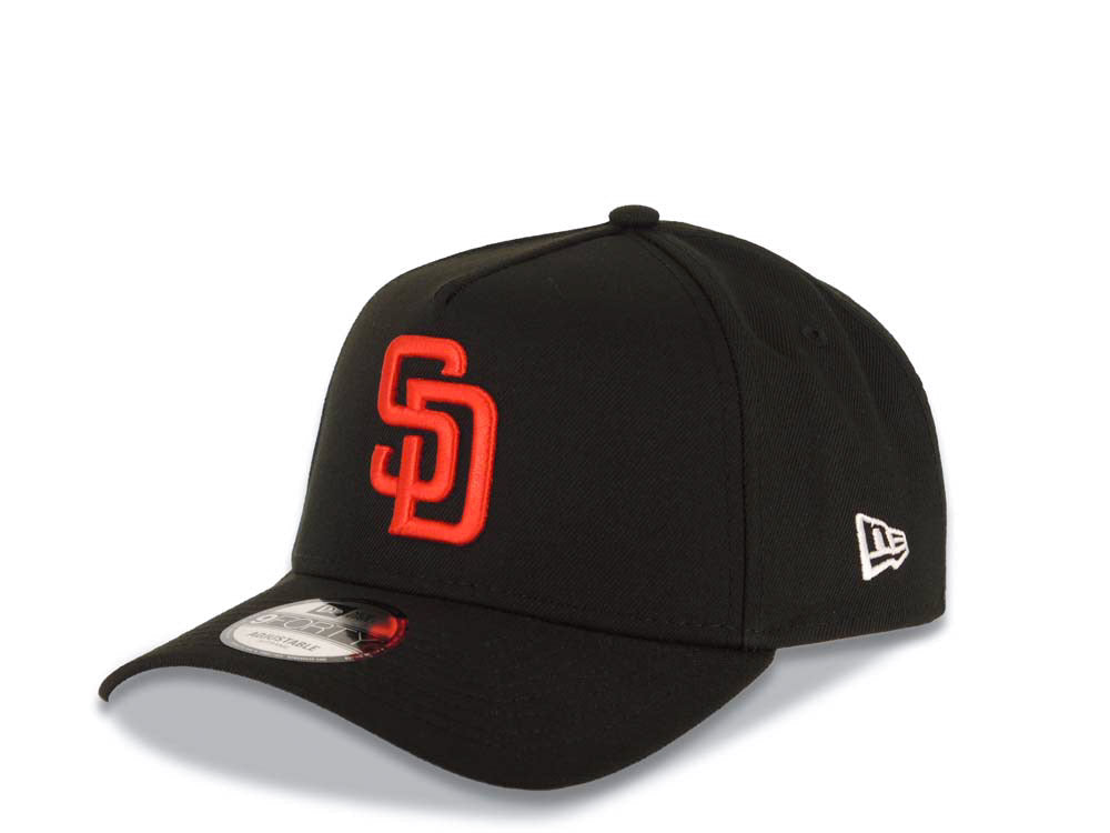 San Diego Padres New Era MLB 9FORTY 940 Adjustable A-Frame Cap Hat Black Crown/Visor Red Logo Calender Side Patch Gray UV