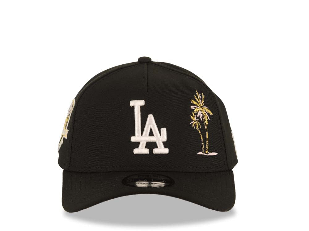 Los Angeles Dodgers New Era MLB 9FORTY 940 Adjustable A-Frame Cap Hat Black Crown/Visor White Logo With Palm Trees 50th Anniversary Side Patch