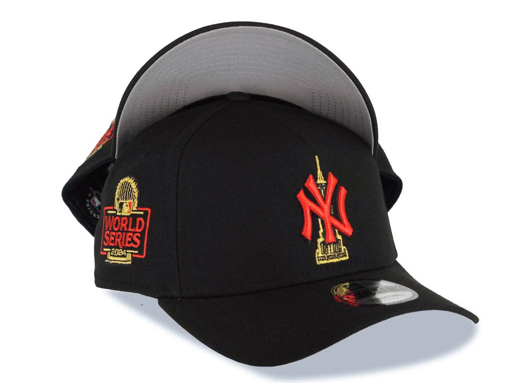 New York Yankees New Era MLB 9FORTY 940 Adjustable A-Frame Cap Hat Black Crown/Visor Red/Metallic Gold Empire Logo 2024 World Series Side Patch