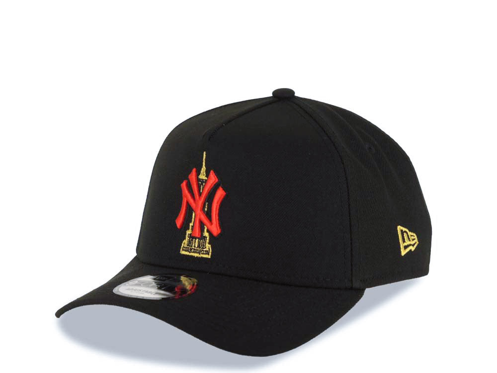 New York Yankees New Era MLB 9FORTY 940 Adjustable A-Frame Cap Hat Black Crown/Visor Red/Metallic Gold Empire Logo 2024 World Series Side Patch