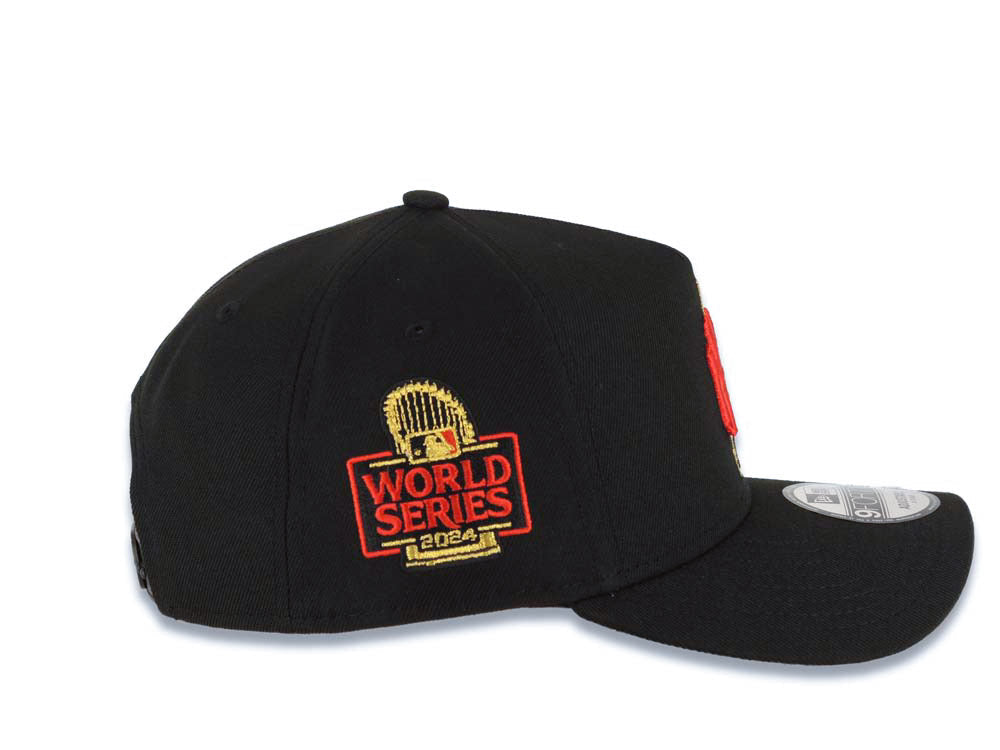 New York Yankees New Era MLB 9FORTY 940 Adjustable A-Frame Cap Hat Black Crown/Visor Red/Metallic Gold Empire Logo 2024 World Series Side Patch