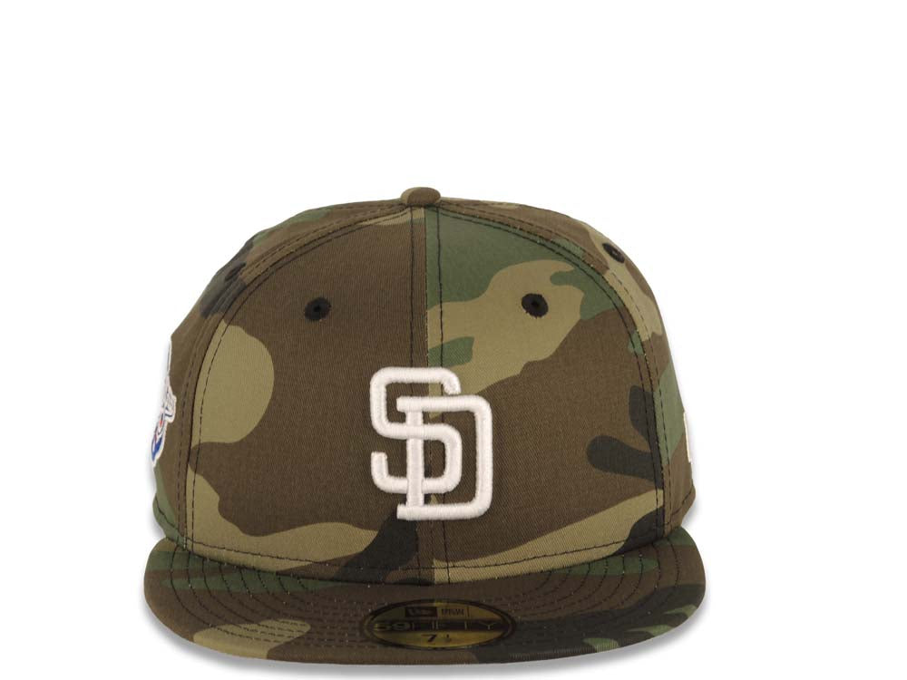 San Diego Padres New Era MLB 59FIFTY 5950 Fitted Cap Hat Camo Crown/Visor White Logo 1998 World Series Side Patch Gray UV