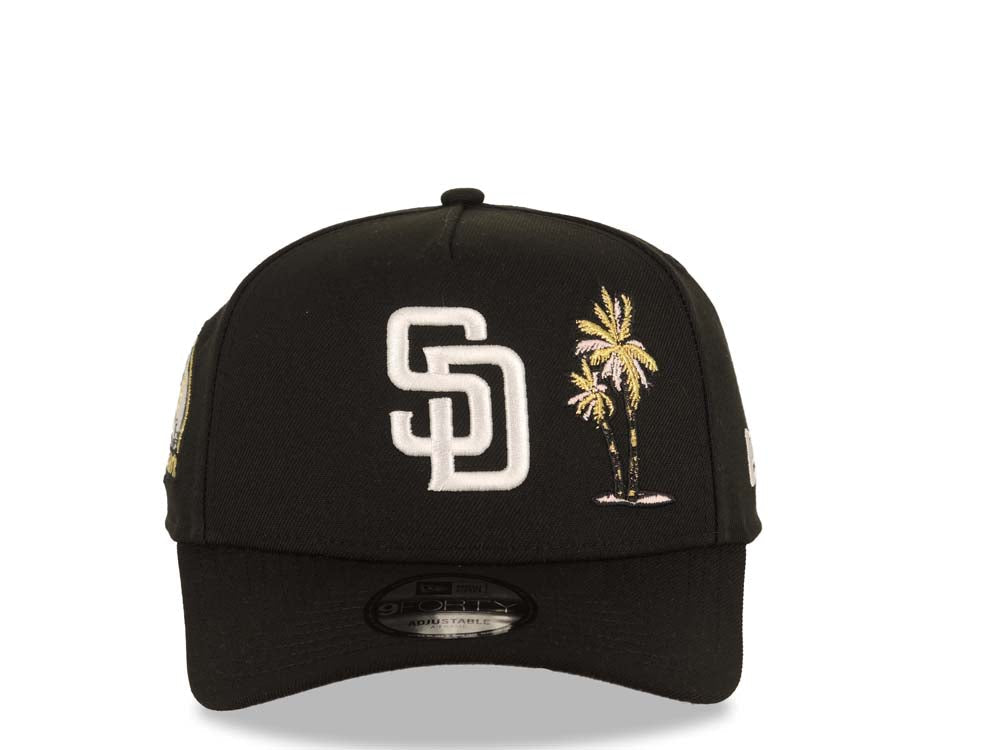 San Diego Padres New Era MLB 9FORTY 940 Adjustable A-Frame Cap Hat Black Crown/Visor White Logo With Palm Trees Petco Park Metallic Gold Side Patch