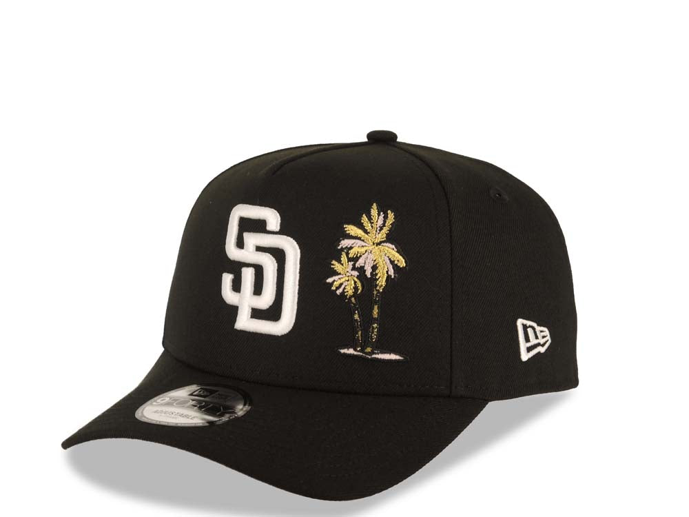 San Diego Padres New Era MLB 9FORTY 940 Adjustable A-Frame Cap Hat Black Crown/Visor White Logo With Palm Trees Petco Park Metallic Gold Side Patch