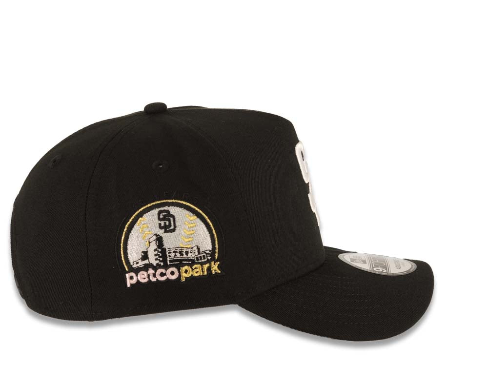 San Diego Padres New Era MLB 9FORTY 940 Adjustable A-Frame Cap Hat Black Crown/Visor White Logo With Palm Trees Petco Park Metallic Gold Side Patch