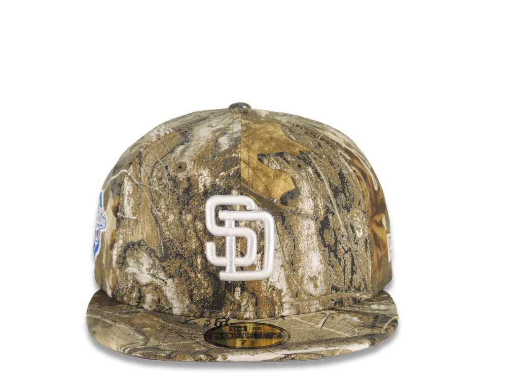 San Diego Padres New Era MLB 59FIFTY 5950 Fitted Cap Hat Real Tree Camo Crown/Visor White Logo 1998 World Series Side Patch (Gray UV)