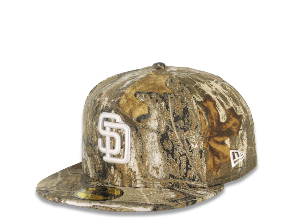 San Diego Padres New Era MLB 59FIFTY 5950 Fitted Cap Hat Real Tree Camo Crown/Visor White Logo 1998 World Series Side Patch (Gray UV)