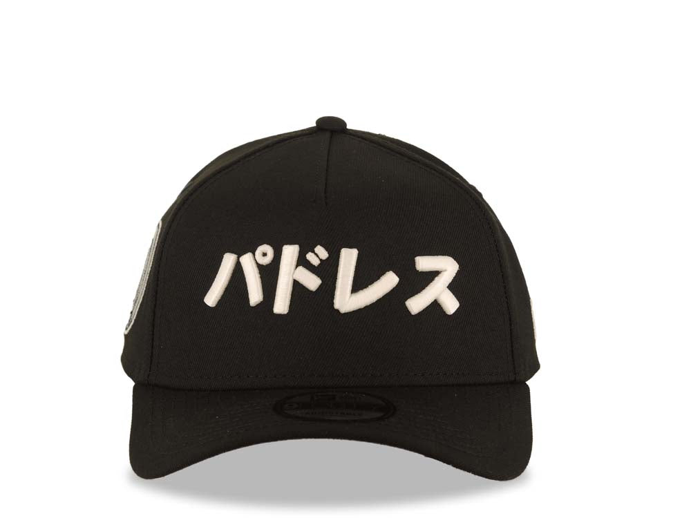 San Diego Padres New Era MLB 9FORTY 940 Adjustable A-Frame Cap Hat Black Crown/Visor White Japan Script/Text Logo 1 Mitsui Side Patch Gray UV