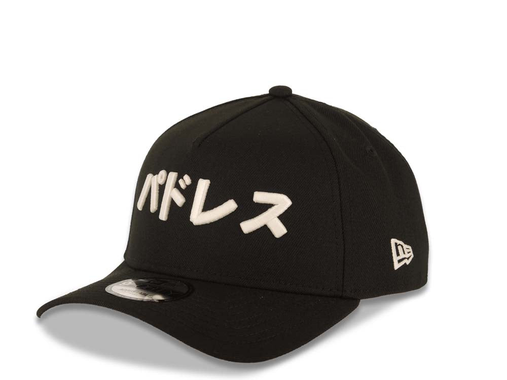 San Diego Padres New Era MLB 9FORTY 940 Adjustable A-Frame Cap Hat Black Crown/Visor White Japan Script/Text Logo 1 Mitsui Side Patch Gray UV