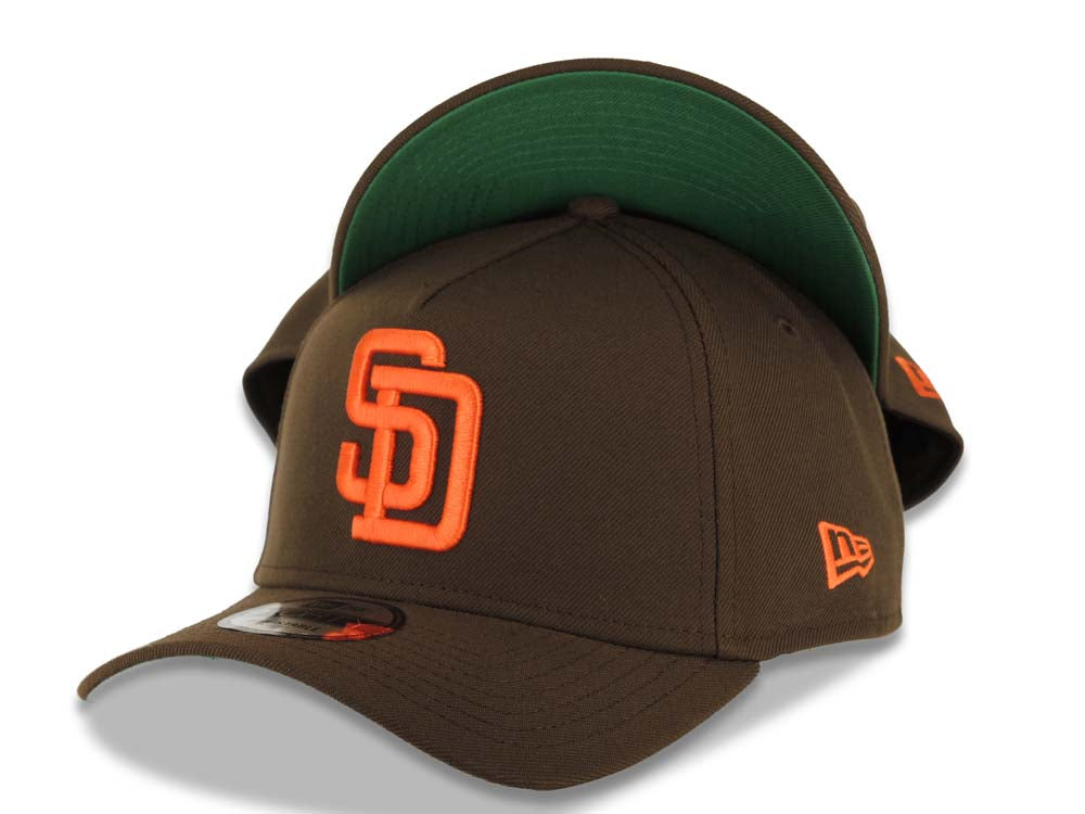 San Diego Padres New Era MLB 9FORTY 940 Adjustable A-Frame Cap Hat Brown Crown/Visor Orange Logo Green UV
