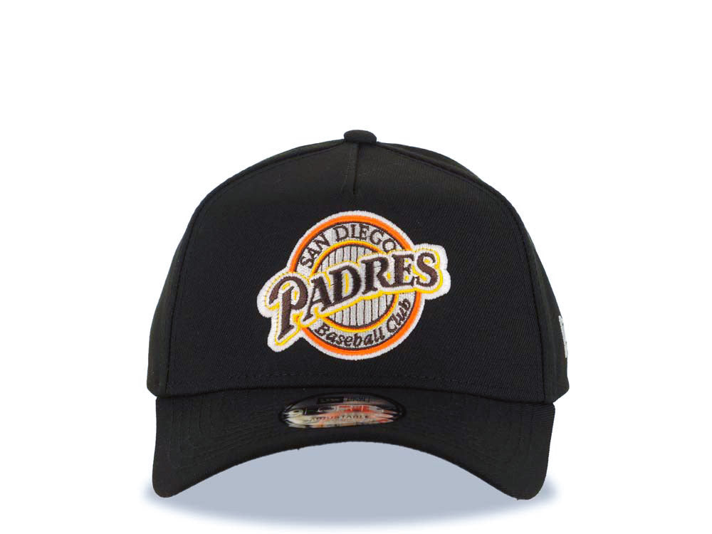 San Diego Padres New Era MLB 9FORTY 940 Adjustable A-Frame Cap Hat Black Crown/Visor Brown/Yellow Baseball Club Logo Gray UV