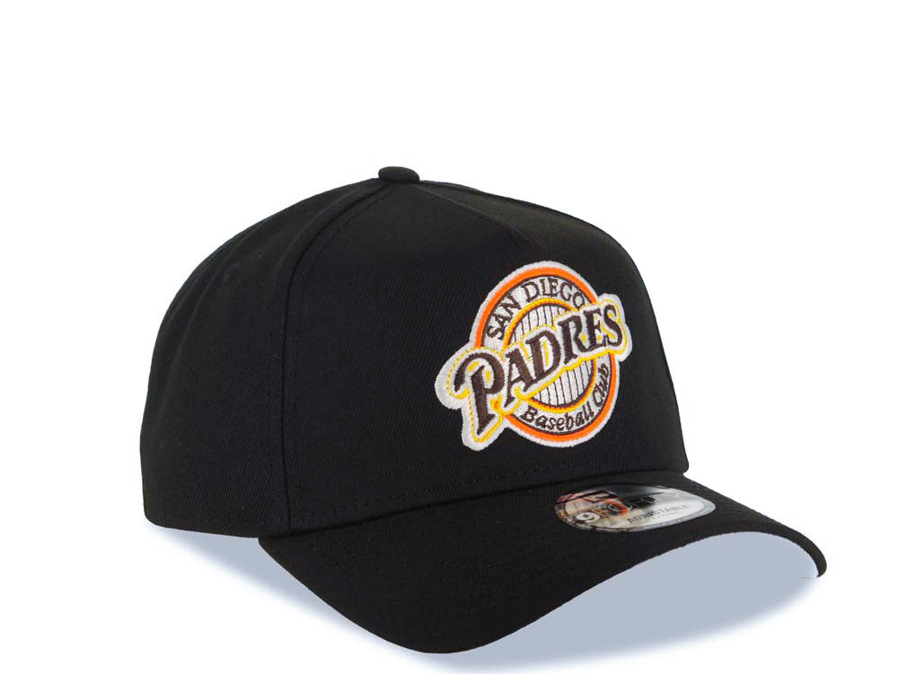 San Diego Padres New Era MLB 9FORTY 940 Adjustable A-Frame Cap Hat Black Crown/Visor Brown/Yellow Baseball Club Logo Gray UV